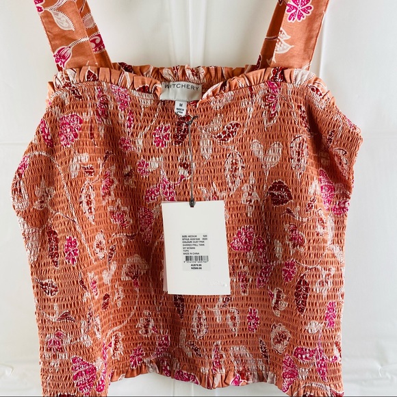 Witchery Pink Floral Shirred Frill Trim Square Neckline Cropped Tank Top Size XL - Picture 5 of 14